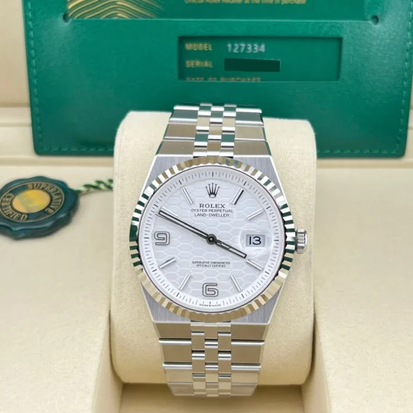 2025 Rolex Land-Dweller 40 Oystersteel / Fluted / White Honeycomb Motif / Arabic / Flat Jubilee
